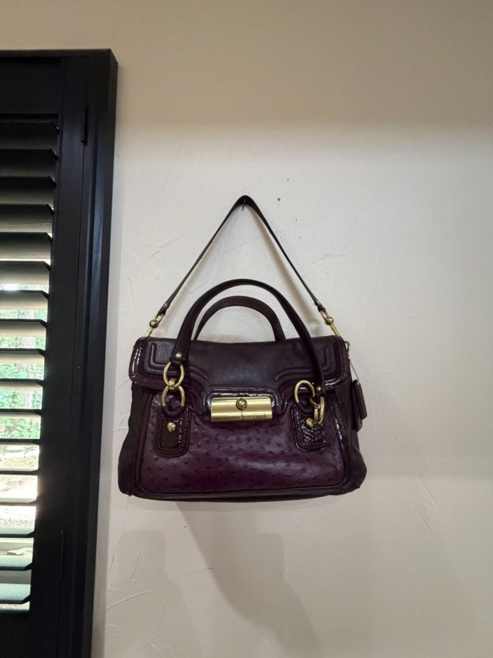 Coach Kristin Spectator Satchel Embossed Ostrich/Mixed leather flap bag in Plum